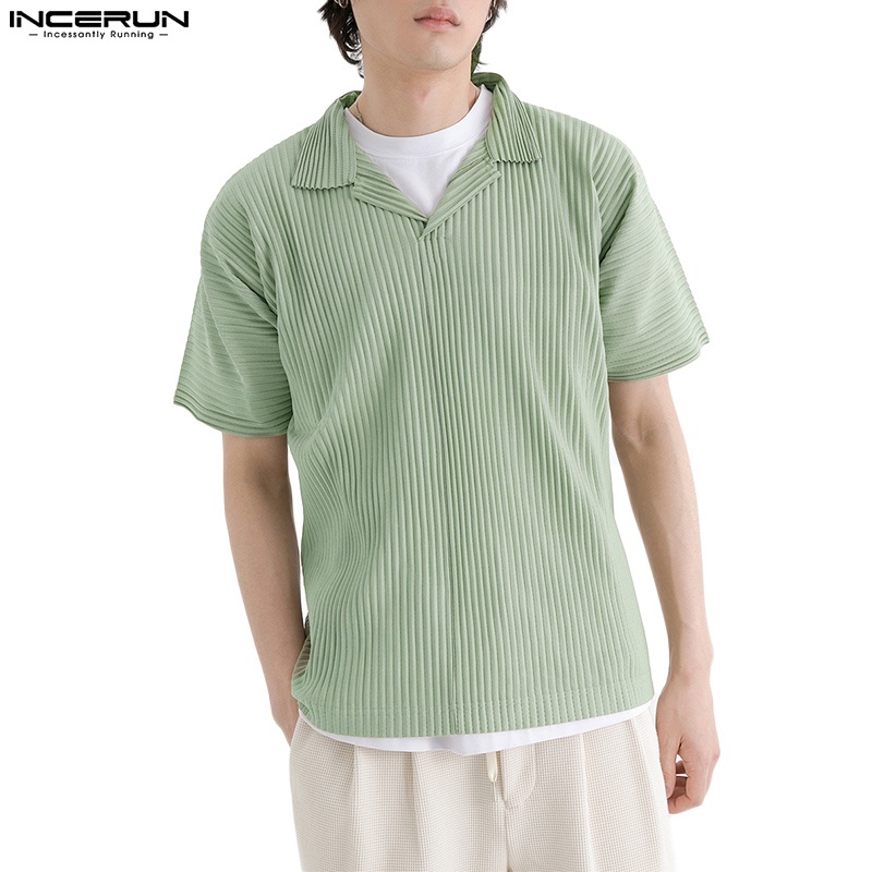 Áo thun polo INCERUN ngắn tay màu trơn họa tiết kẻ sọc thời trang mùa hè cho nam
