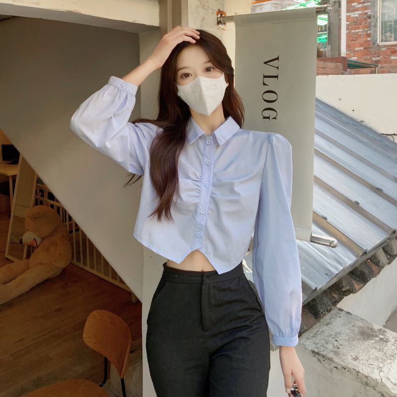 COZOKC COZOK Áo kiểu COZOK tay dài dáng ngắn xếp nếp thời trang Hàn Quốc trẻ trung