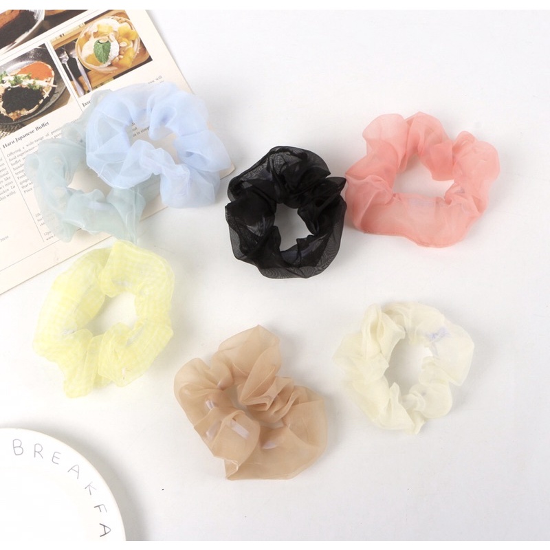 Cột tóc scrunchie vải voan kính mềm hoạ tiết trơn phồng thời trang cho nữ