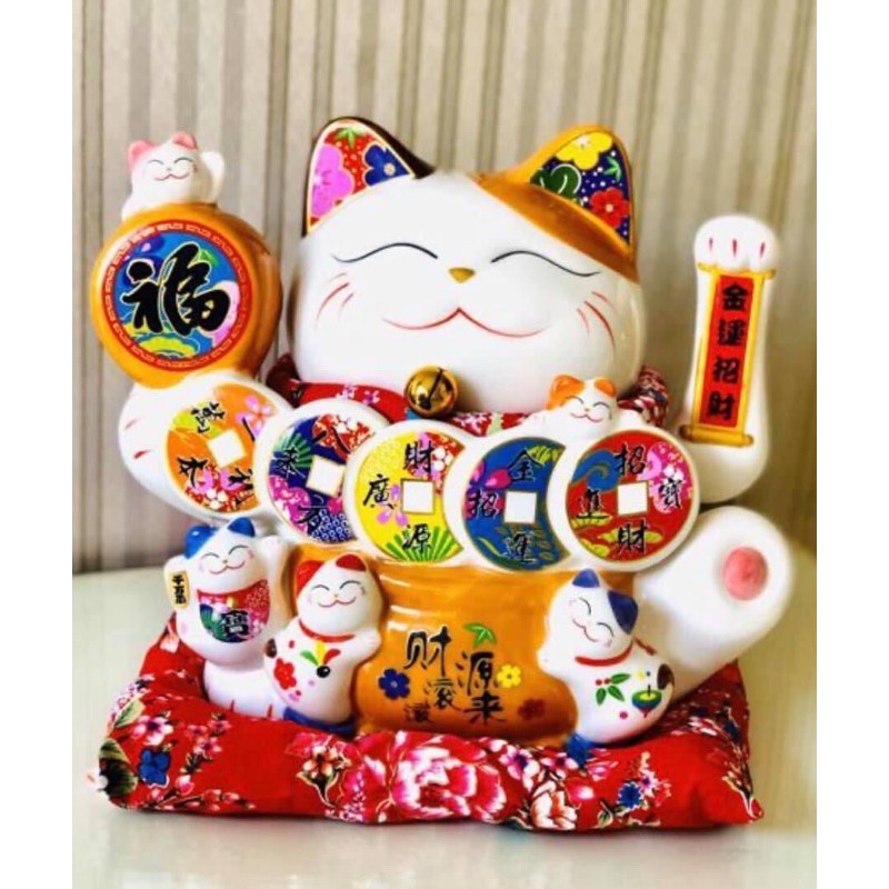 Mèo Thần Tài Sứ , Mèo May Mắn Maneki Neko cao 23cm. Vẩy Tay Gọi Khách BÁT PHƯƠNG KHAI TÀI