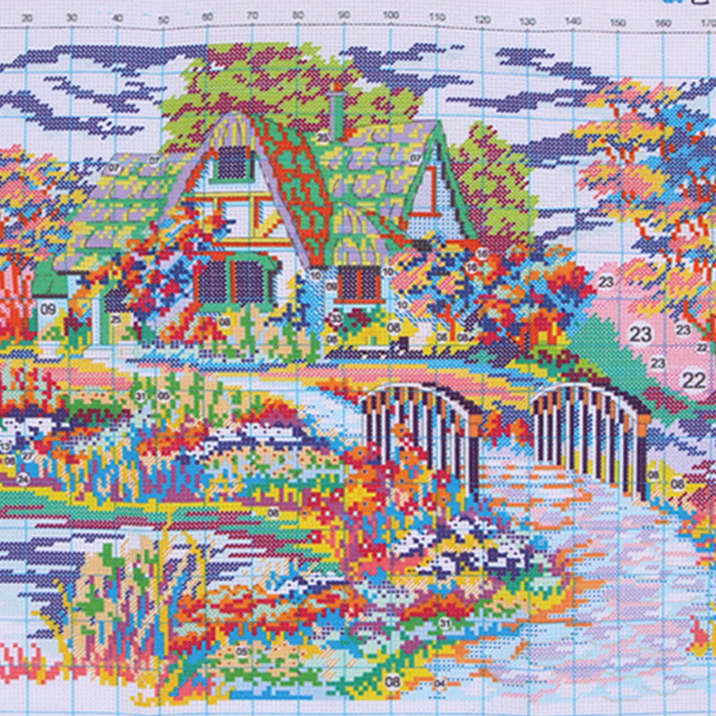 Bộ tranh thêu chữ thập tự làm hình ngôi nhà phong cách Trung Quốc