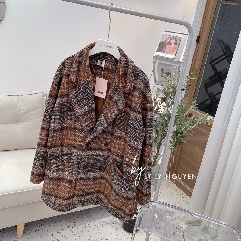 Áo khoác dạ kẻ dài tay phong cách Hàn Quốc dành cho nữ | BigBuy360 - bigbuy360.vn