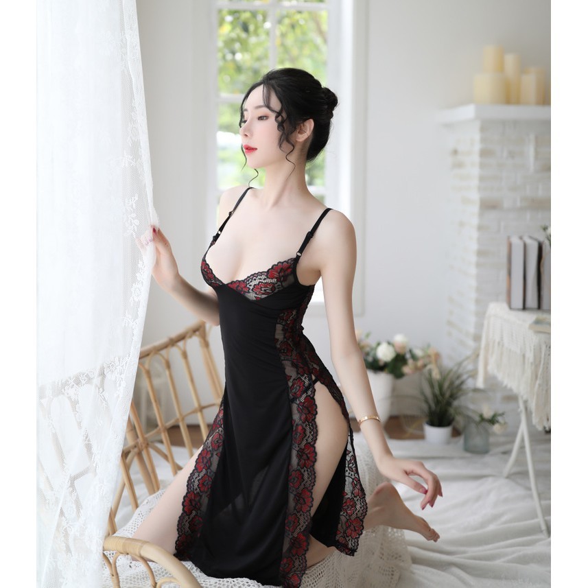 Váy ngủ sườn xám phối viền ren hoa 5159 sexy + Tặng kèm quần lọt khe