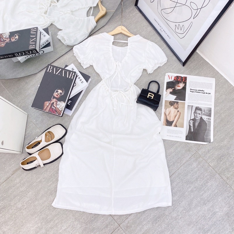 (có bigsize) ĐẦM MIDI TRẮNG CUTOUT LƯNG