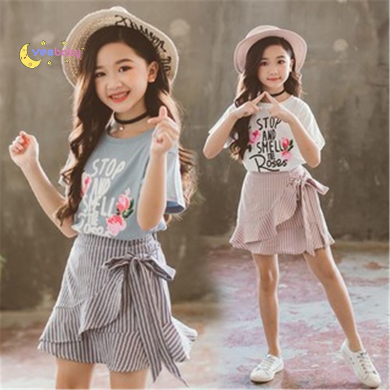 Set áo thun ngắn tay + chân váy kẻ sọc dễ thương cho bé gái