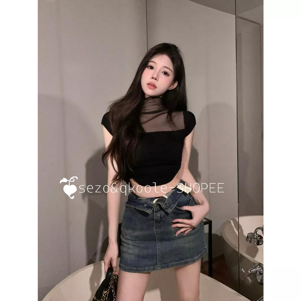 qkoole Áo Thun Tay Ngắn Cổ Cao Màu Sắc Đơn Giản Dễ Phối Đồ Thời Trang Cho Nữ