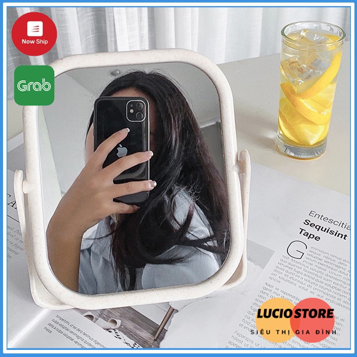 Gương trang điểm để bàn lúa mạch 2 mặt gương xoay 360 độ hình vuông - tròn