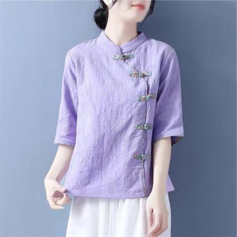 Áo linen cotton mỏng mát tay ngắn cổ chéo cài nút tấm phong cách Trung Hoa