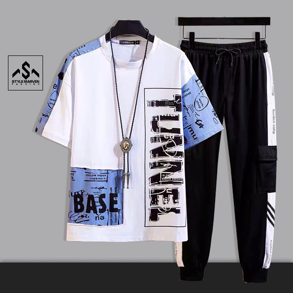 Bộ thun nam thể thao mùa hè STYLE MARVEN áo ngắn tay TUNNEL phối quần jogger sọc trẻ trung năng động - SET NAM 90000183