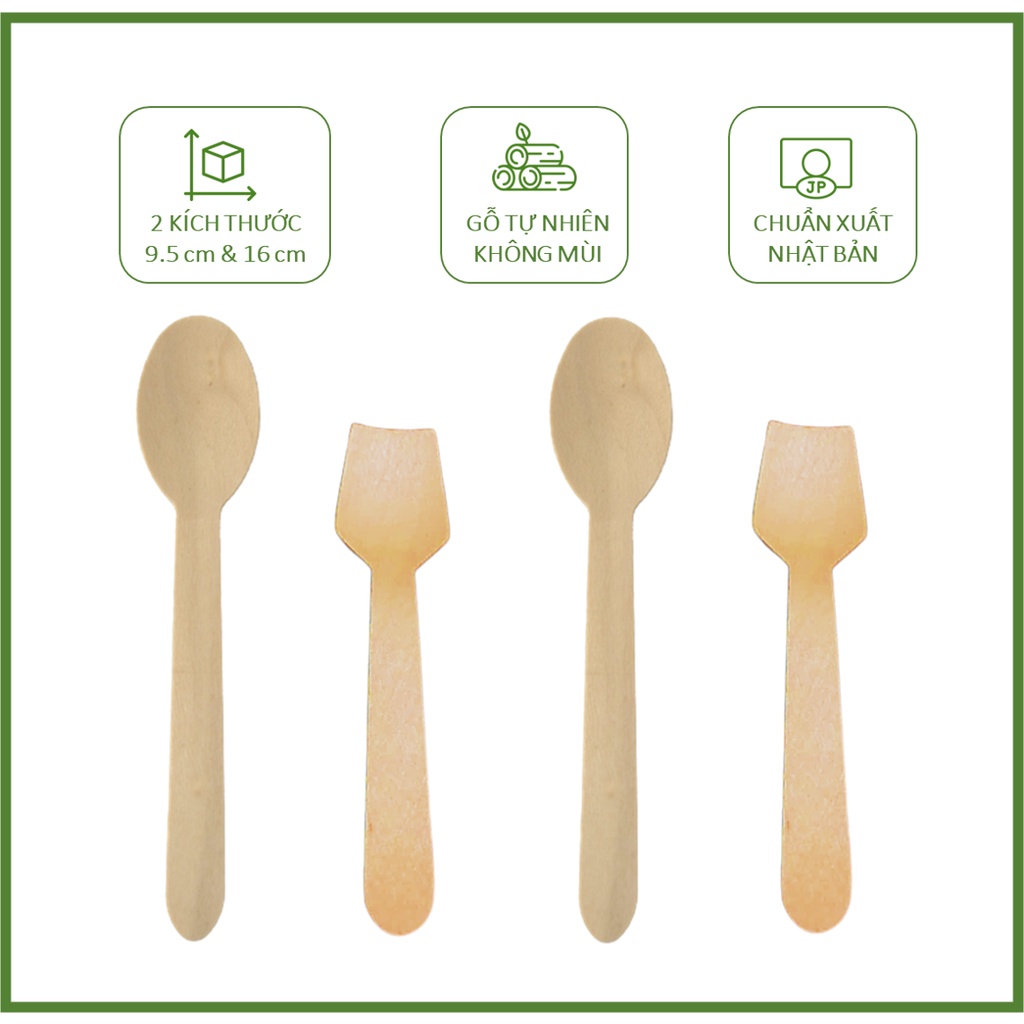 100 Thìa muỗng gỗ xuất khẩu Nhật dùng 1 lần dài 10/16cm dùng ăn kem, bánh kem, cafe, salad,...