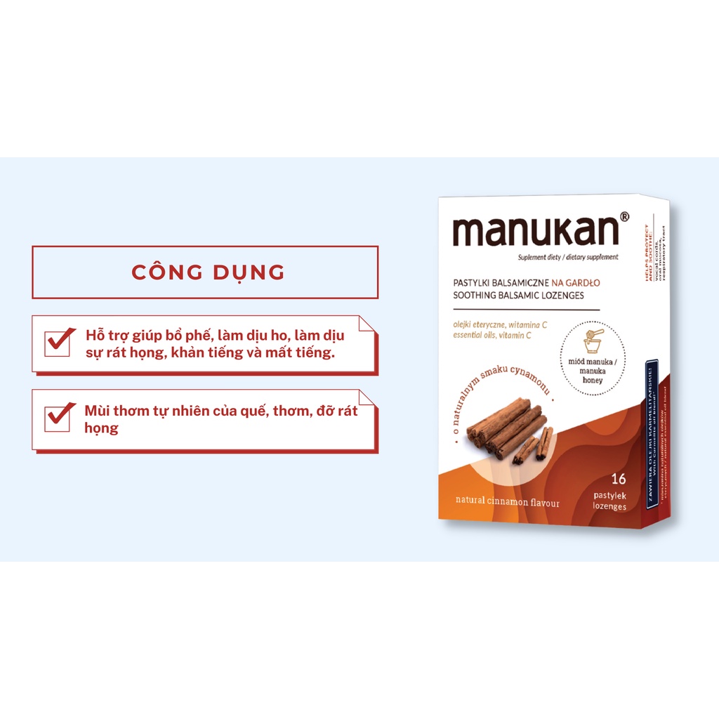 Viên ngậm viêm họng từ quế mật ong hoa Manuka