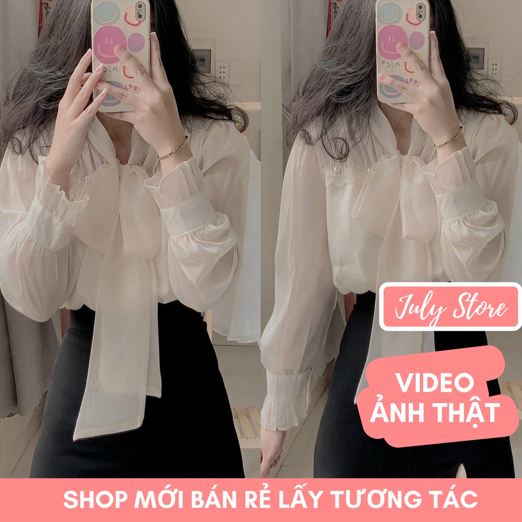 Áo Sơ Mi Nữ Cổ Nơ Ngọc Tay Bồng Chất Voan Tơ Áo Sơ Mi 2 Lớp Nhẹ Nhàng Nữ Tính