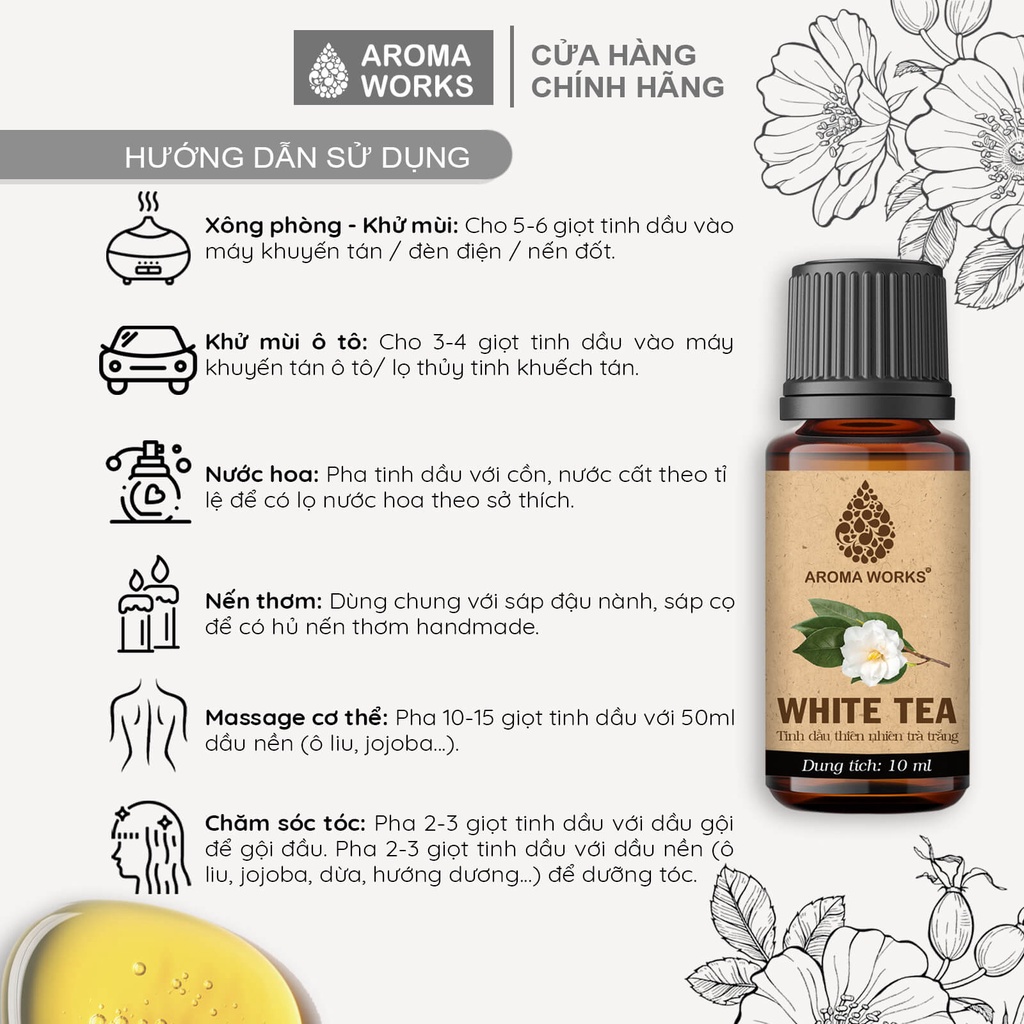 Tinh Dầu Trà Trắng Nguyên Chất 100% Aroma Works Essential Oil White Tea