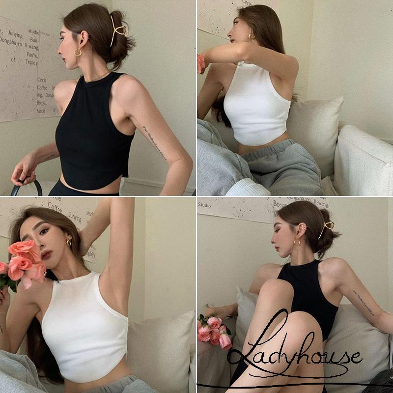 LDD-Women Bodycon Camisole, Solid Color Round Neck Sleeveless Cropped Tank Tops, White/ Black