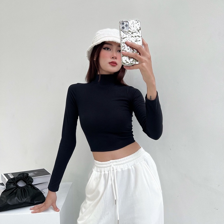 Áo croptop nữ tay dài cổ lọ trơn ôm body TOPTIFY form basic Wine Dates Top AC27