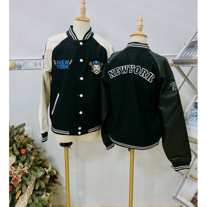 ÁO KHOÁC BÓNG CHÀY MLBNY MARIO TRẮNG ĐEN TAY DA -BOMBER VARSITY MLBNY JACKET - HÀNG CÓ SẴN