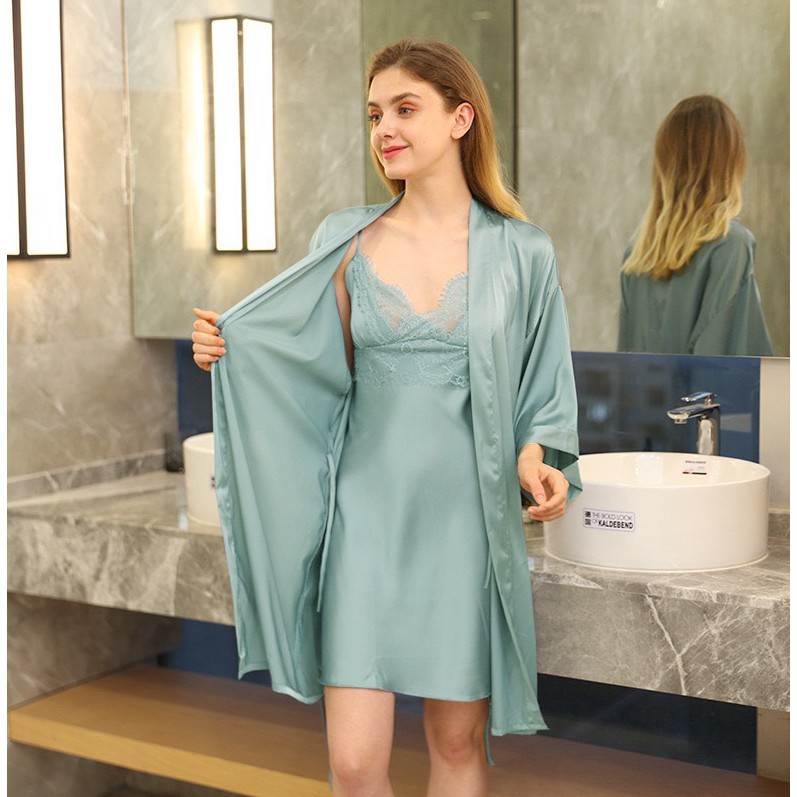 Set Áo Khoác 2 Món Gồm Áo Khoác Và Đồ Bộ Ngủ Lụa Satin Cao Cấp Có Đủ Size Dưới 85 Kg AAK-04AS-04