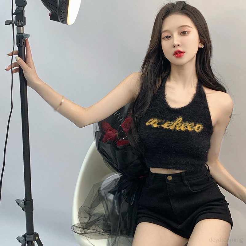 Áo Croptop Lông Cừu Hai Dây Dáng Ôm Hở Lưng Gợi Cảm Cho Nữ