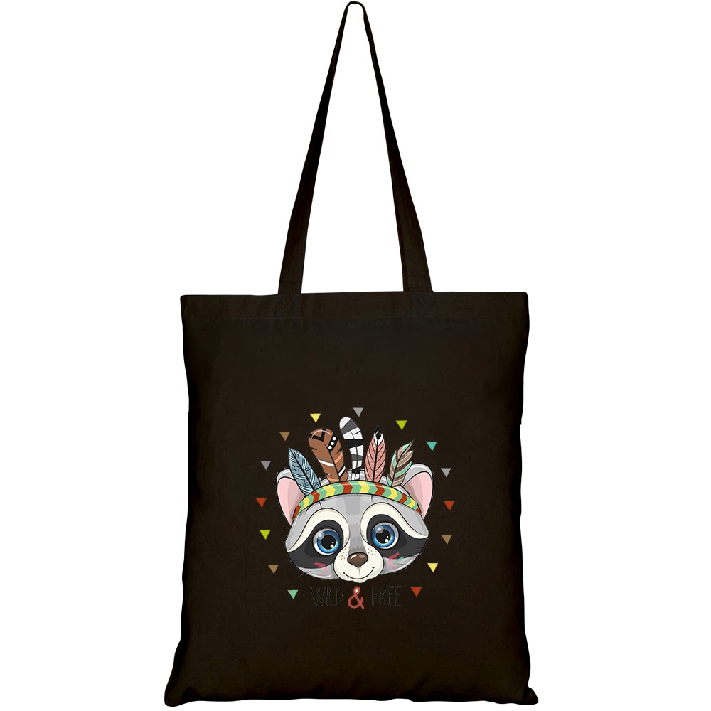 Túi vải tote canvas HTFashion in hình cute cartoon tribal raccoon feathers HT344