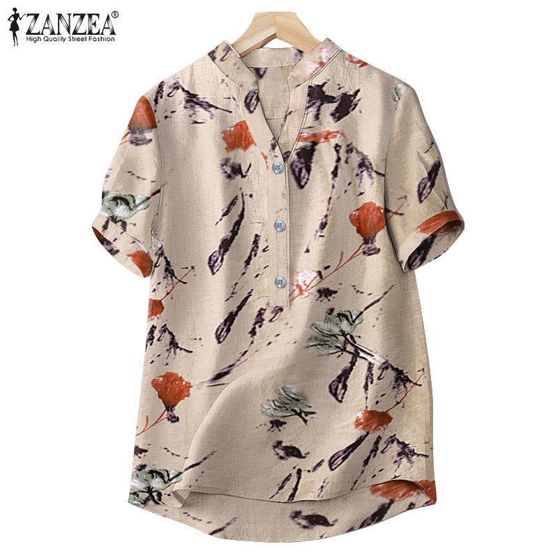 Áo sơ mi Zanzea tay ngắn cổ chữ V in họa tiết phong cách vintage dành cho nữ
