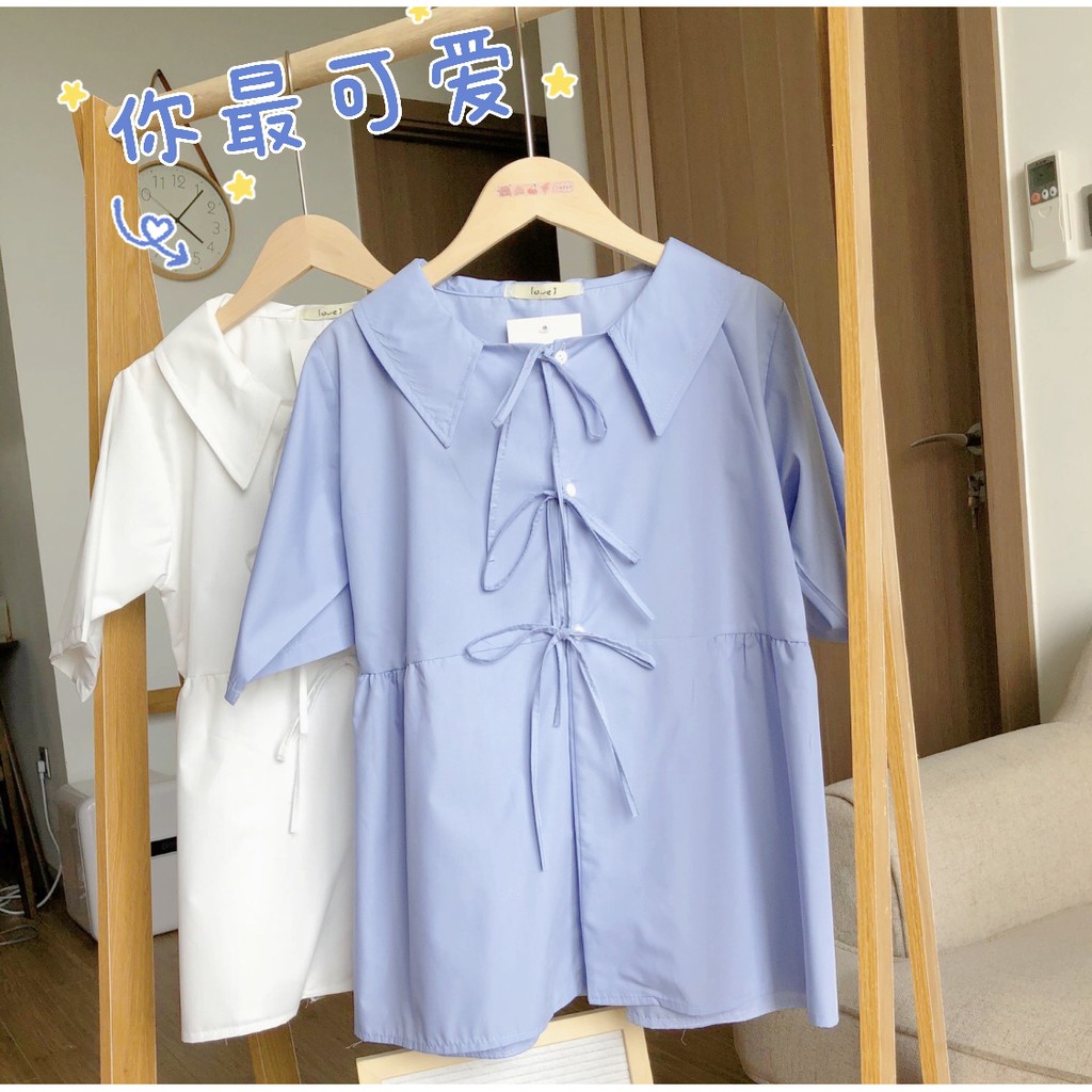 Áo sơ mi nữ trắng xanh dáng babydoll thắt nơ xinh xixeoshop - V43