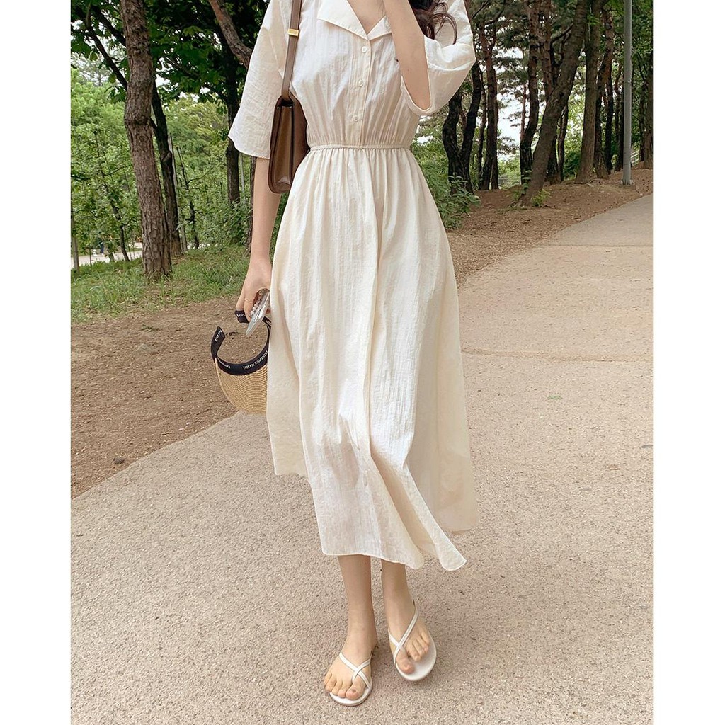 Đầm Peppermint 43636 dài tay ngắn cổ chữ V eo co giãn phong cách thời trang Hàn Quốc