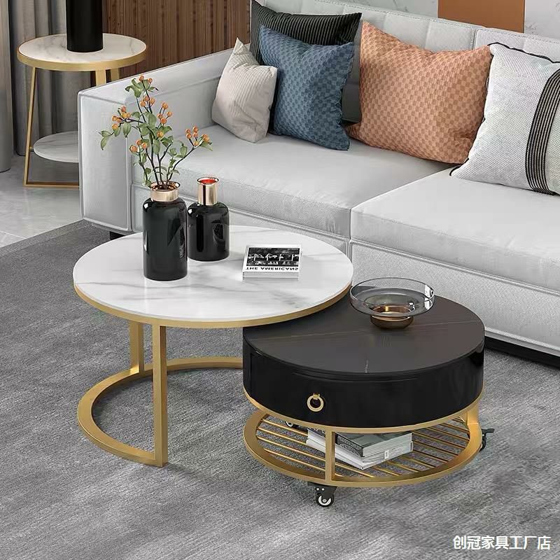 Bàn Trà Tròn Đôi có bánh xe , Bàn Sofa Phòng Khách Mặt Đá Cao Cấp Decor Nhà Đẹp