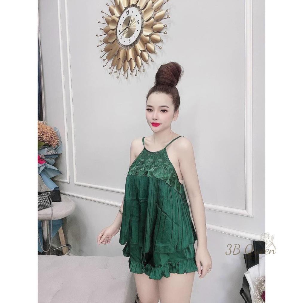 Bộ ngủ Áo yếm 2 dây dập ly phối ren, chất liệu lụa satin cao cấp, kèm quần bèo gợi cảm | BigBuy360 - bigbuy360.vn