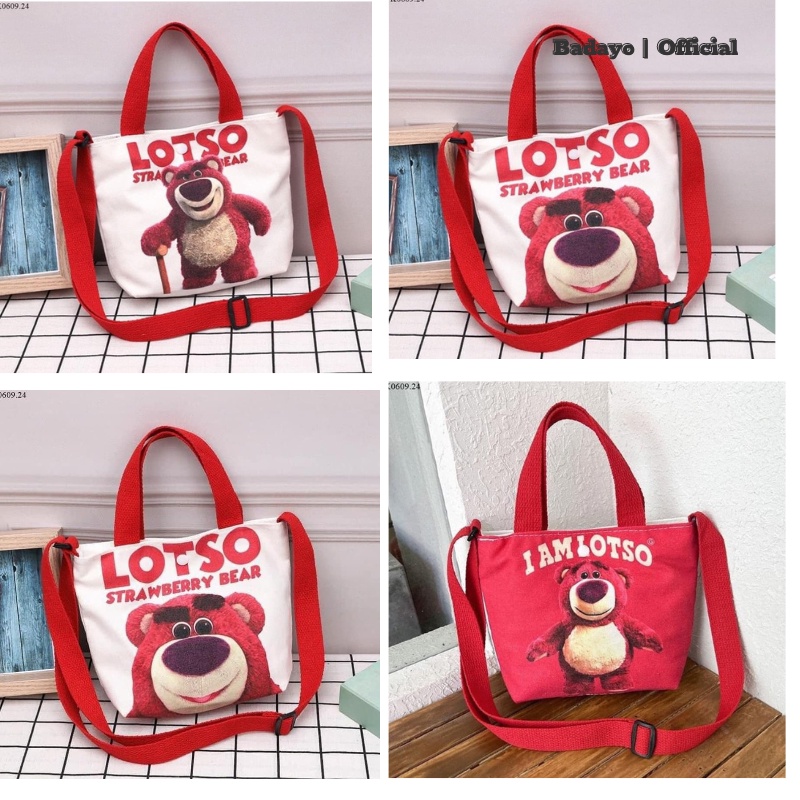 Túi gấu  LOTSO - Túi đeo vaivải canvas in hình gấu/ dâu tây thời trang dễ thương (sỉ hot)