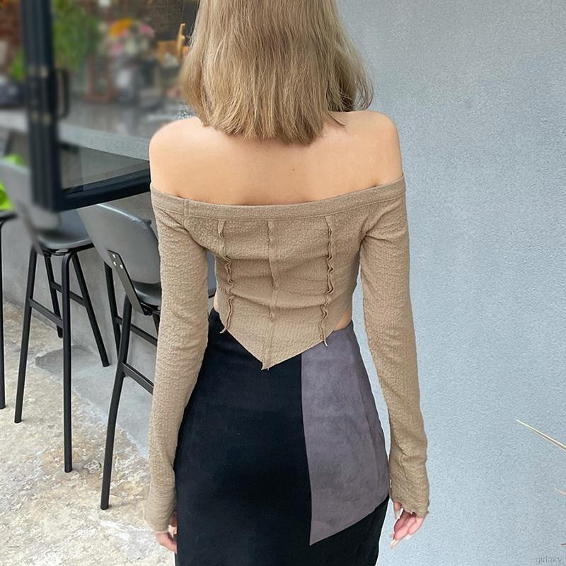 Áo croptop tay dài hở vai màu sắc thời trang Hàn Quốc cho nữ