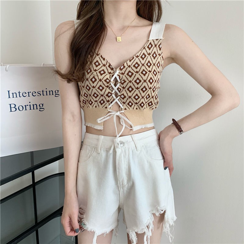 Áo croptop 2 dây bản to cổ tim dây buộc đan chéo hai mảnh trước ngực sọc ca ro hoa nhí -ACN34