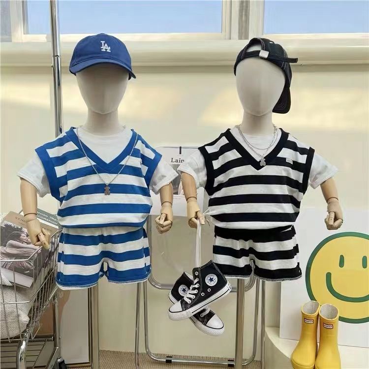 Set Đồ Thể Thao Mùa Hè 22 Món Gồm Áo Thun Tay Cộc Giả Hai Mảnh + Quần Ngắn Kẻ Sọc Màu Tương Phản Phong Cách Hàn Quốc Cho Bé Trai / Bé Gái