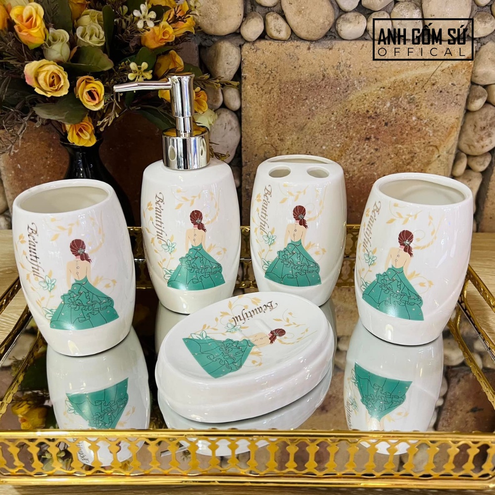 Bộ sứ vệ sinh - Set nhà tắm 5 món gốm sứ Bát Tràng, chai đựng sữa tắm dầu gội cao cấp