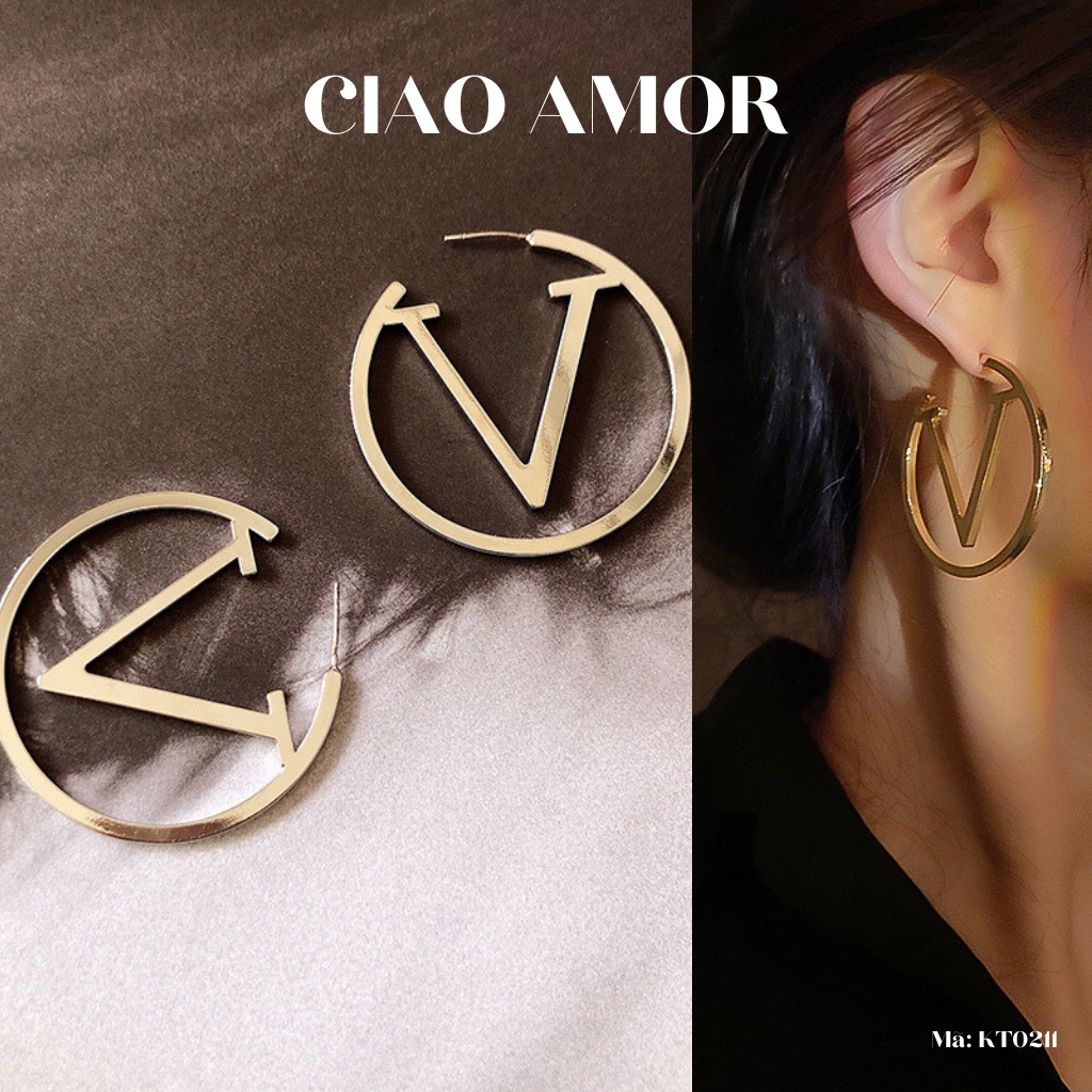 KT0211-Khuyên tai nữ, Hoa tai bạc 925 sang trọng tròn to chữ V Trang sức Ciao Amor