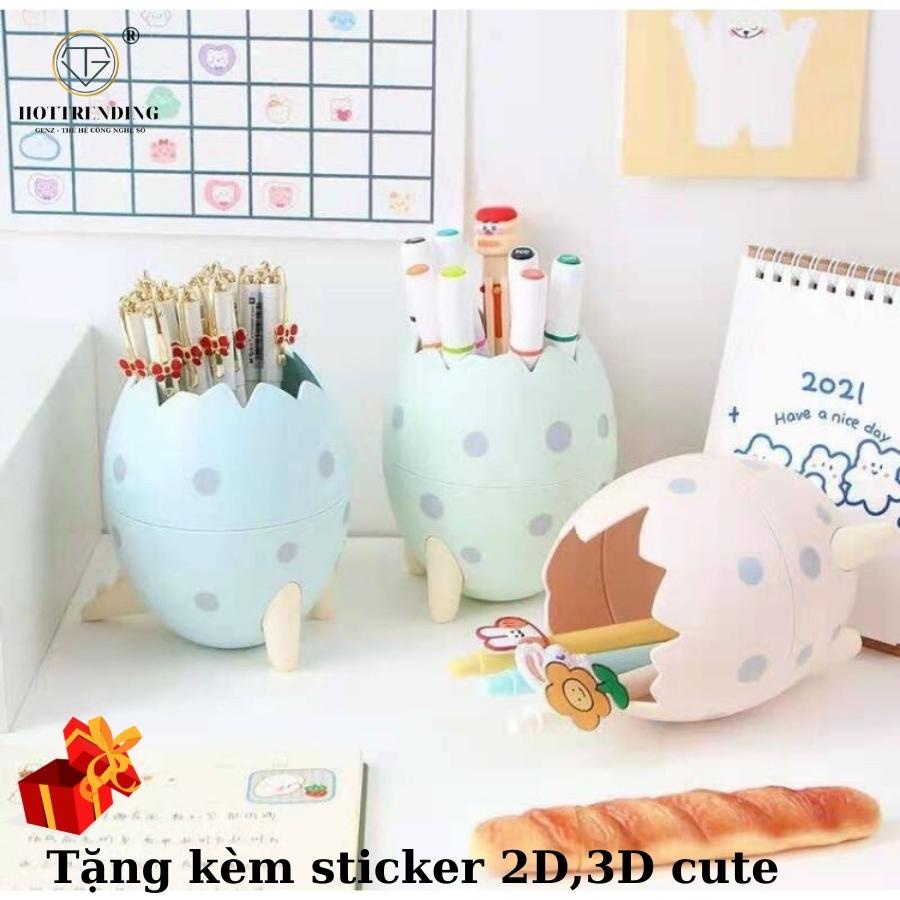 Khay đựng bút viết, cọ trang điểm hình trứng khủng long Tặng kèm sticker 2D, 3D để bàn siêu đáng yêu