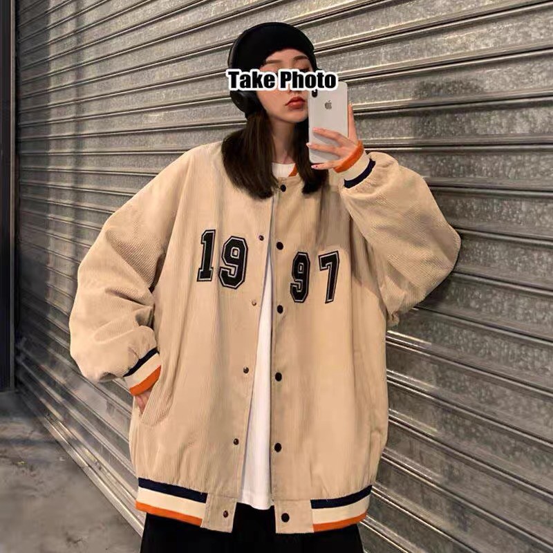 Áo khoác bomber kaki nhung bóng chày unisex form rộng 1997 nam nữ ulzzang Wind | BigBuy360 - bigbuy360.vn