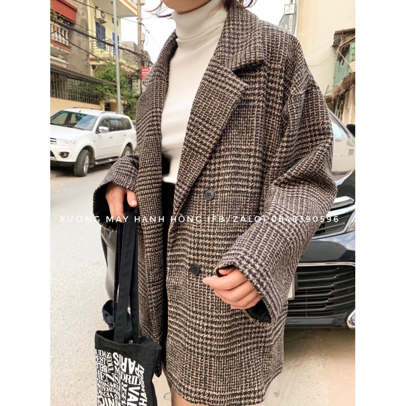 Áo khoác dạ kẻ 2 lớp dáng dài 4 cúc túi nắp - Xưởng May Hạnh Hồng | BigBuy360 - bigbuy360.vn