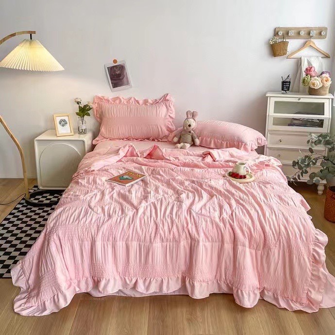 Bộ chăn ga gối Cotton Đũi mây viền bèo xinh xắn, bộ 4 món chăn trần hè cao cấp mềm mịn thoáng khi thấm hút mồ hôi