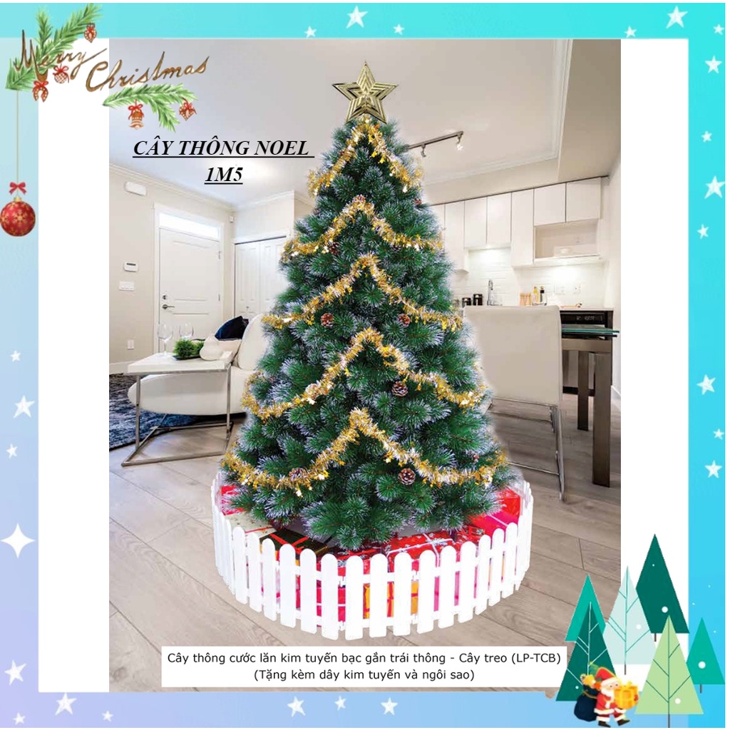 Cây thông noel 1m5, cây thông noel cước lăn kim tuyến bạc gắn trái thông 1m5 trang trí giáng sinh trong nhà ngoài trời