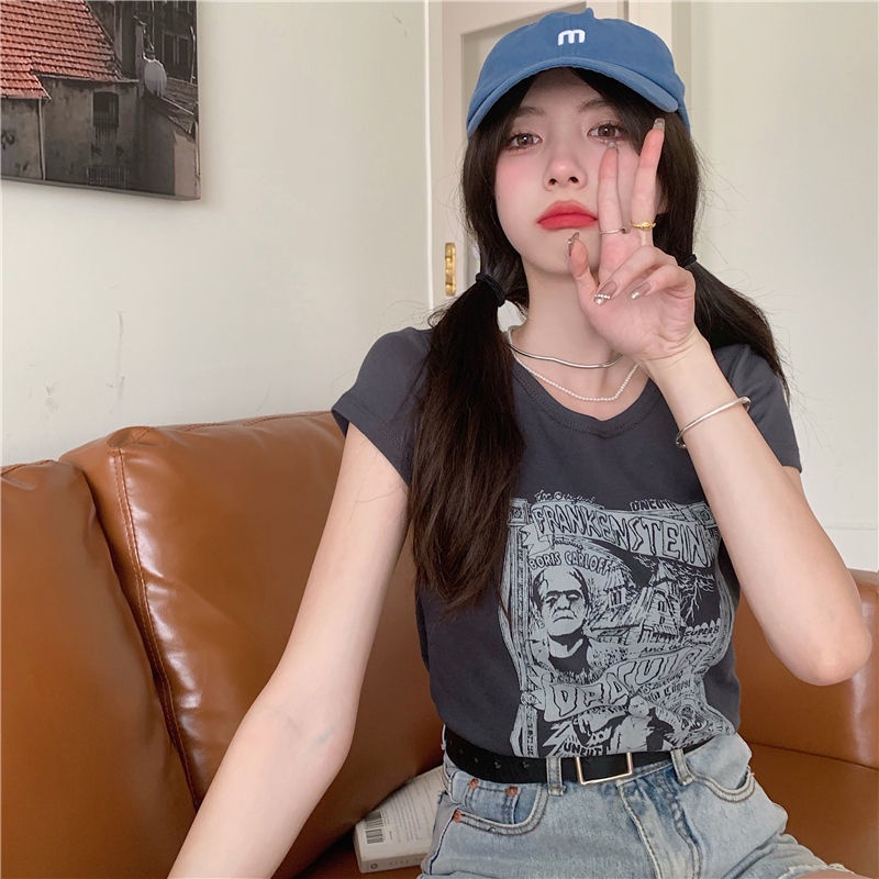 Áo Thun Tay Ngắn In Hình Phong Cách Retro Hàn Quốc Cho Nữ