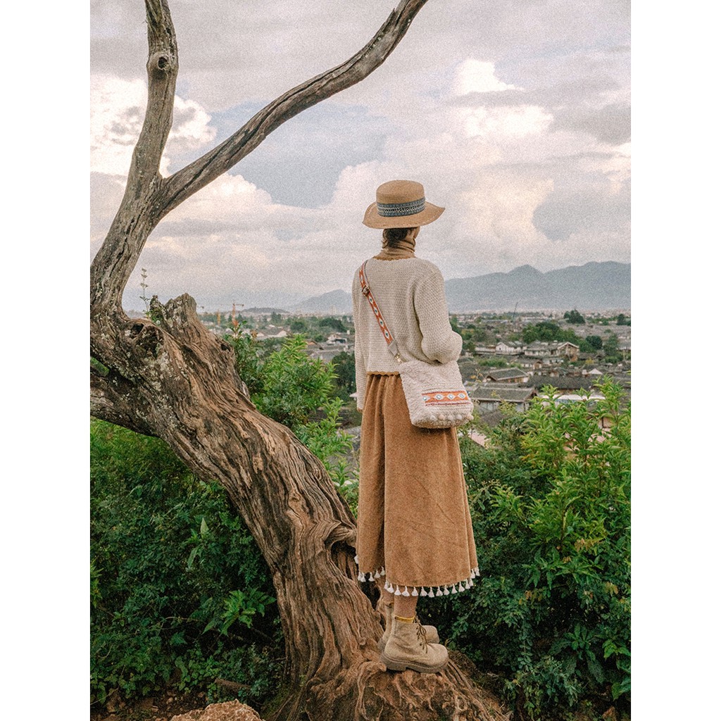 CHÂN VÁY VINTAGE BOHO MÀU NÂU TÂY CHẤT NHUNG