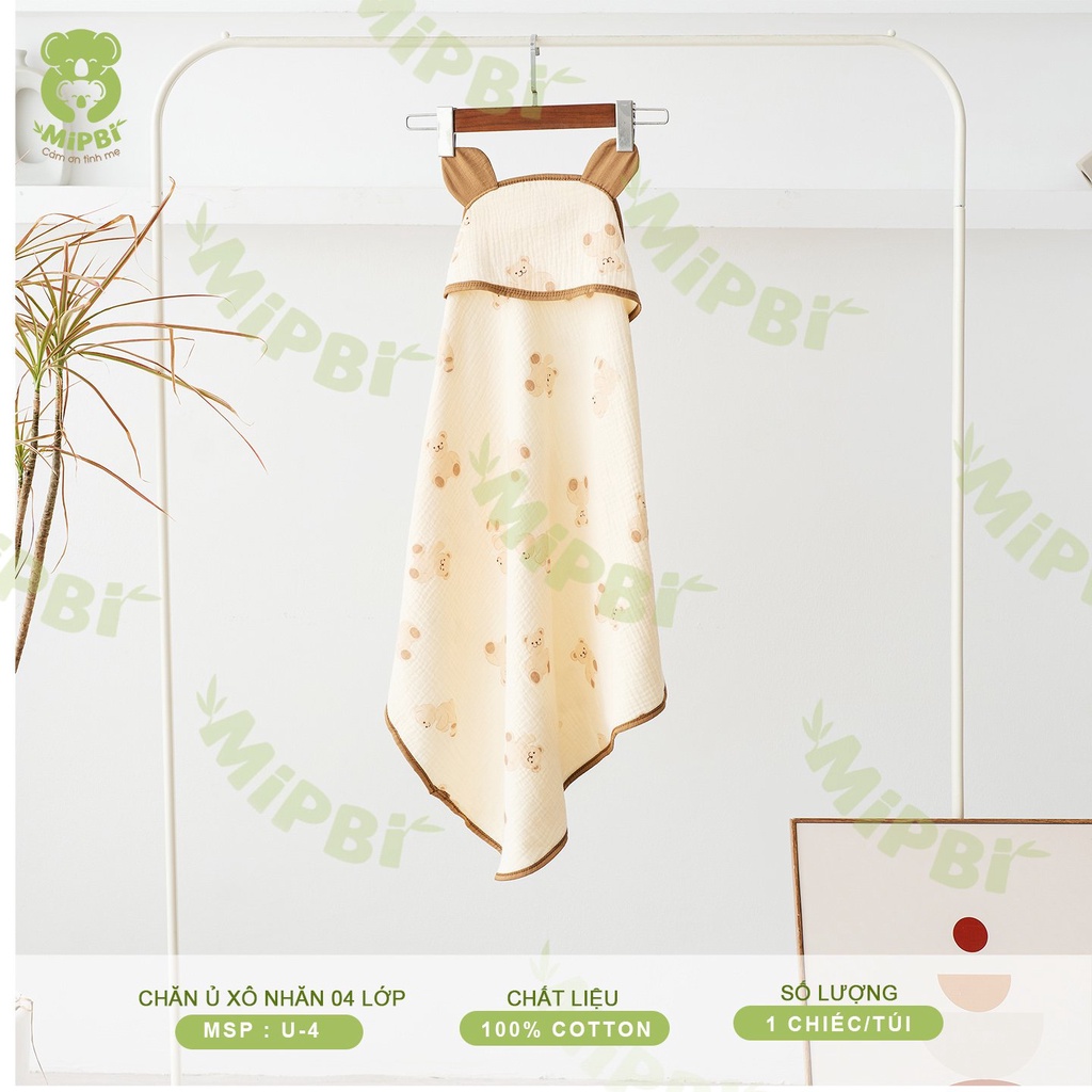 Chăn ủ xô nhăn 4 lớp có mũ, có tai Mipbi 70x70cm