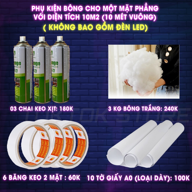 Đèn đám mây, phụ kiện bông làm đèn đám mây, đèn sấm chớp, bông chống bám bụi bẩn đầy đủ phụ kiện.