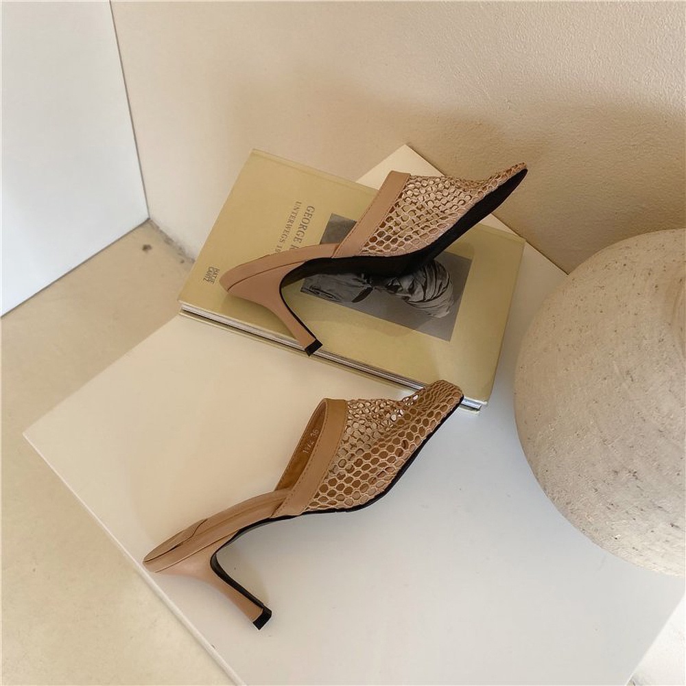 Giày mules lưới mũi vuông cao gót 7cm