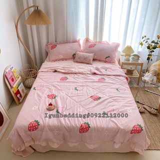 Bộ chăn ga gối Đũi Bèo Trần Bông Hè set Dâu Hồng 4 món nhập khẩu
