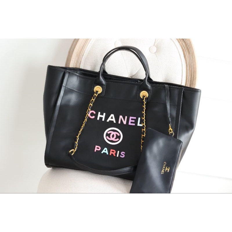 Túi xách nữ đeo chéo big size to shopping chữ logo pha màu đen kèm ví nhỏ như hình