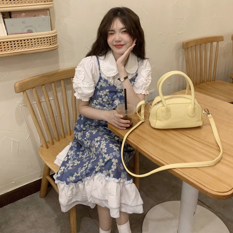 Set Áo Sơ Mi Trắng Tay Phồng + Đầm Hai Dây Dáng Chữ A In Hoa Phong Cách Hàn Quốc Thời Trang Mùa Hè Dành Cho Nữ