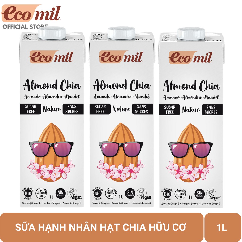 [Lốc 3 Hộp] Sữa Hạt Hạnh Nhân Hạt Chia Không Đường Hữu Cơ Ecomil (1L) - Organic Almond Chia Milk Sugar Free (1L)