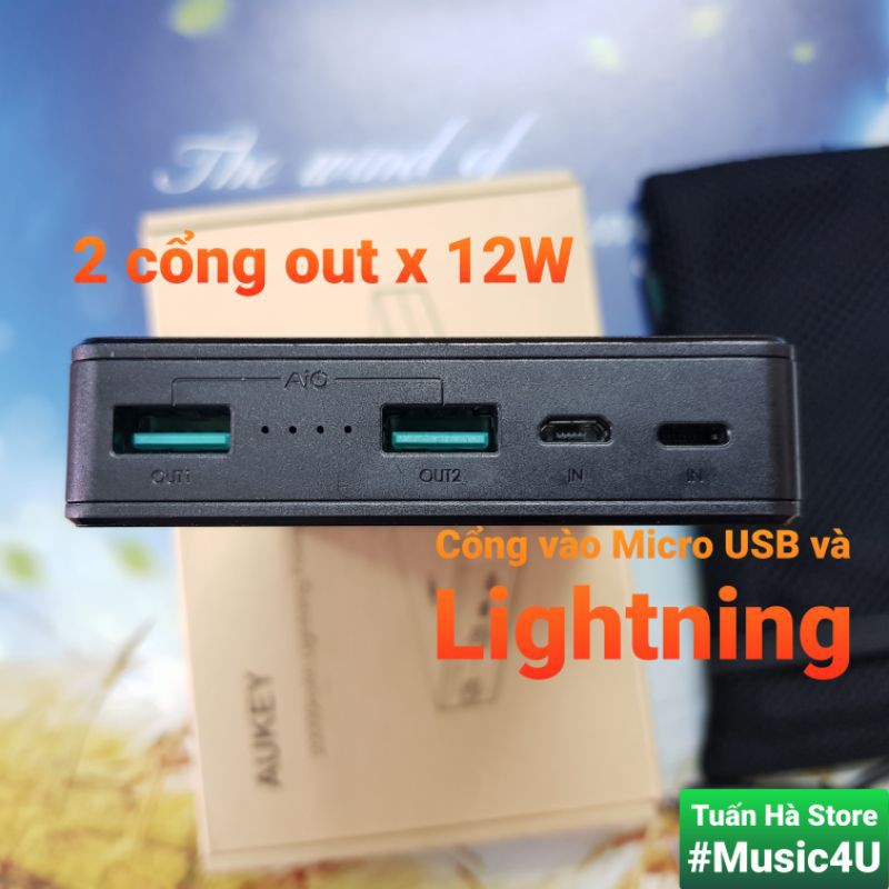 Sạc dự phòng Aukey PB-N36 20000mAh, cổng vào Lightning, Micro USB, 2 cổng ra, chuẩn MFI [Music4U]