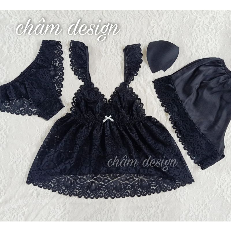 Bộ 2 dây ren đen gắn nơ trắng nhỏ xinh, hàng thiết kế độc quyền tại shop.